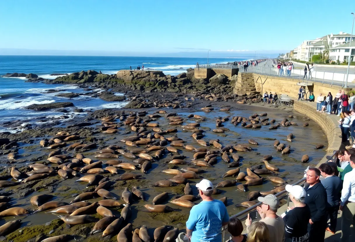 Scenic view of La Jolla tide pools with marine life and people observing from a distance.