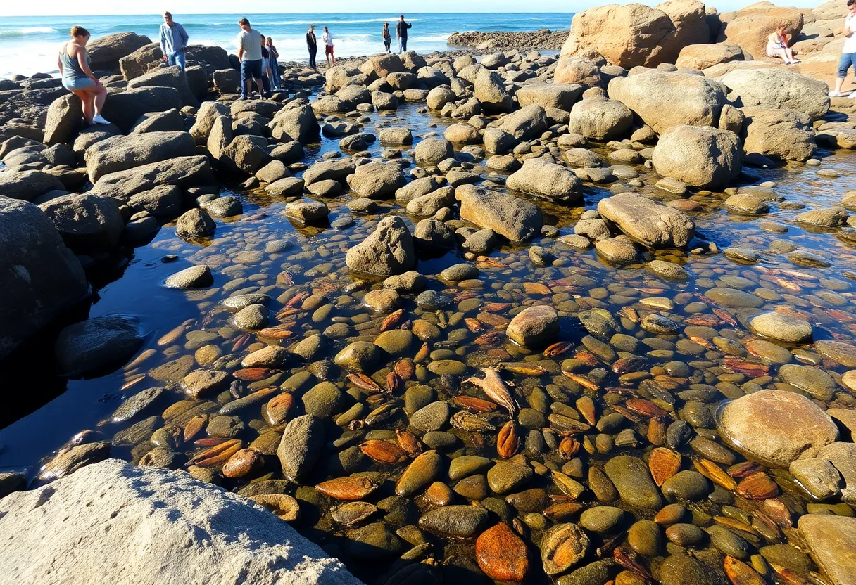 Visitors observing tide pools in La Jolla, California, filled with marine life.