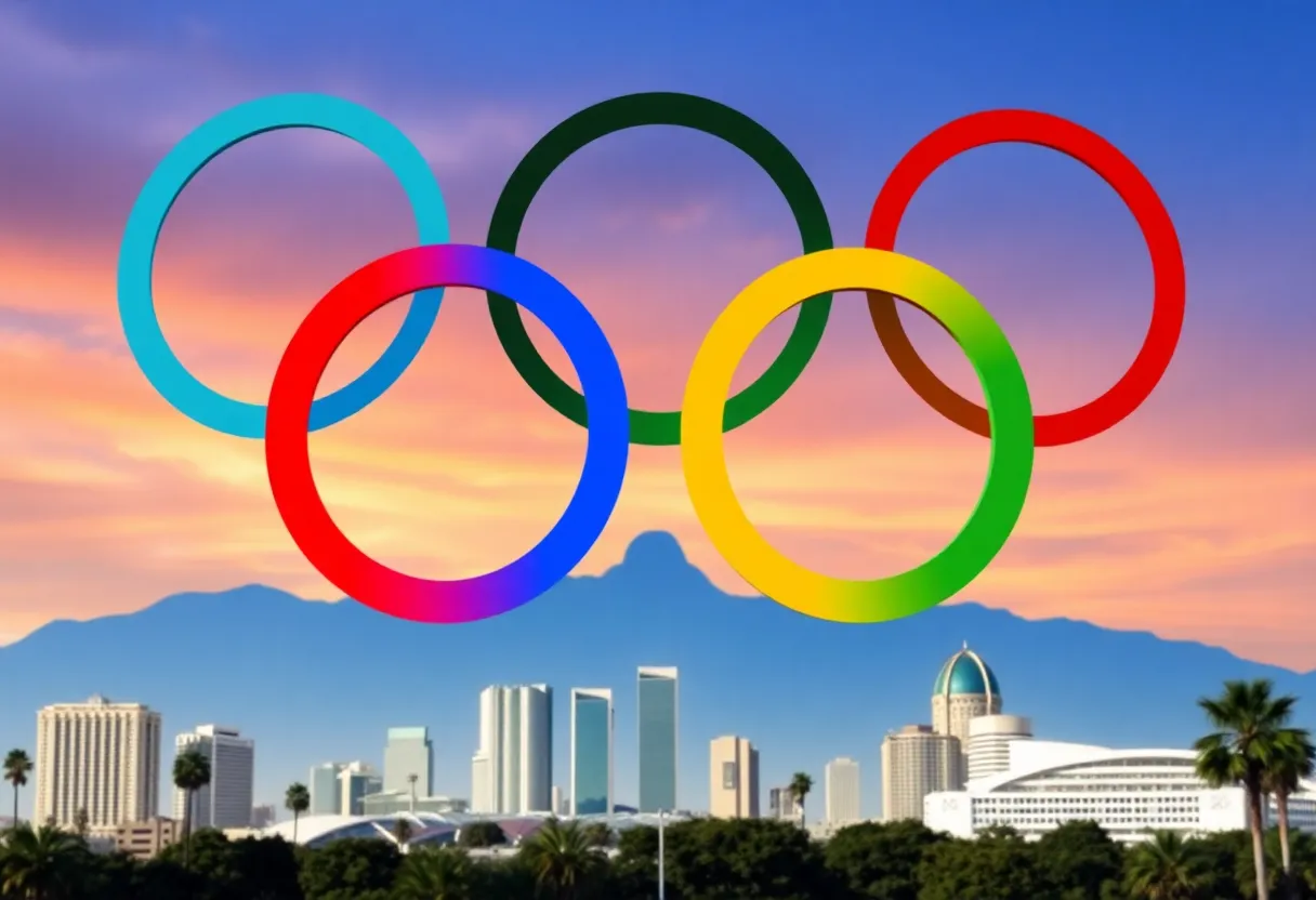 Illustration of Olympic rings and Los Angeles skyline