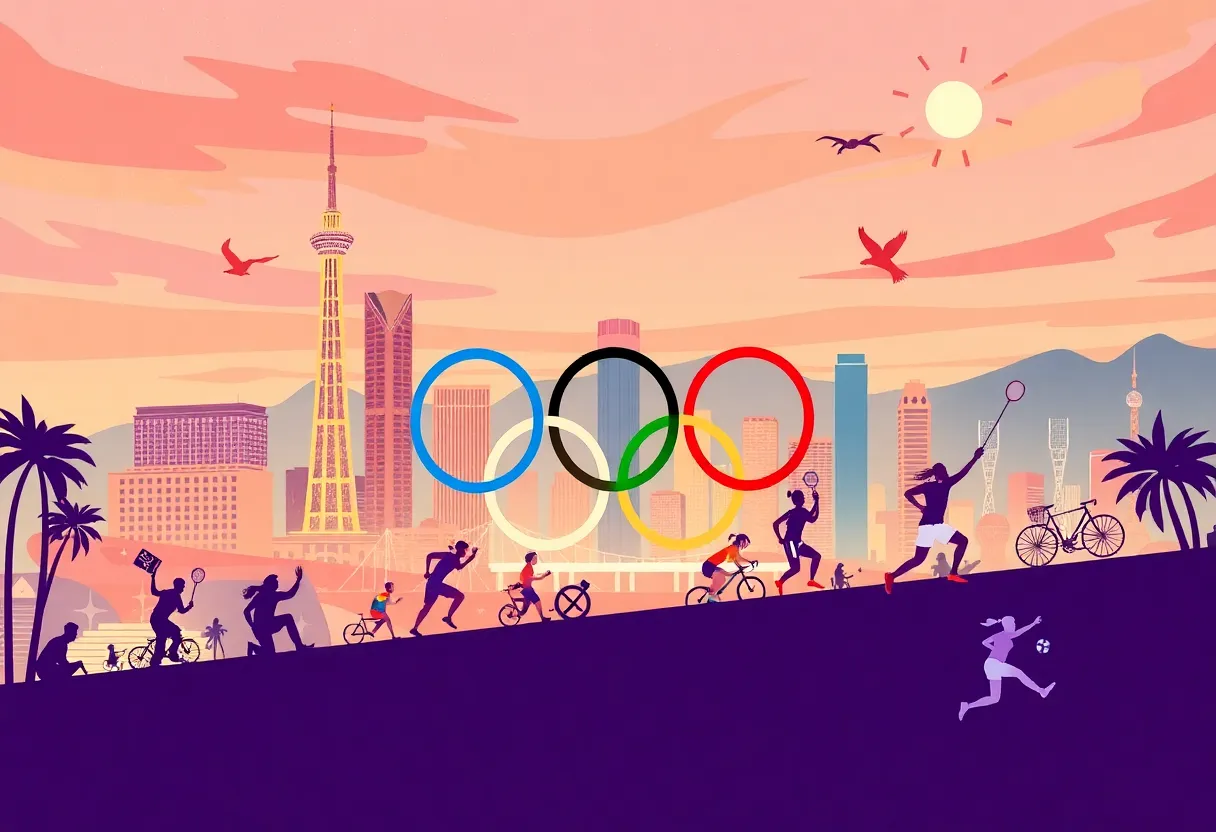 Visual representation of the LA28 Olympic Games featuring athletes and Los Angeles skyline.