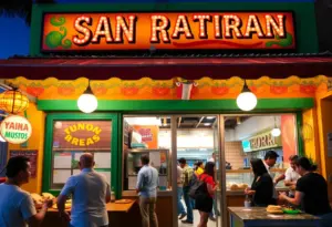 Exterior view of Las Cuatro Milpas restaurant with customers enjoying meals