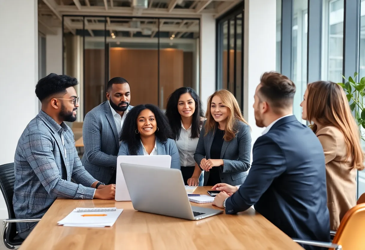 Office meeting discussing real estate leadership promotions