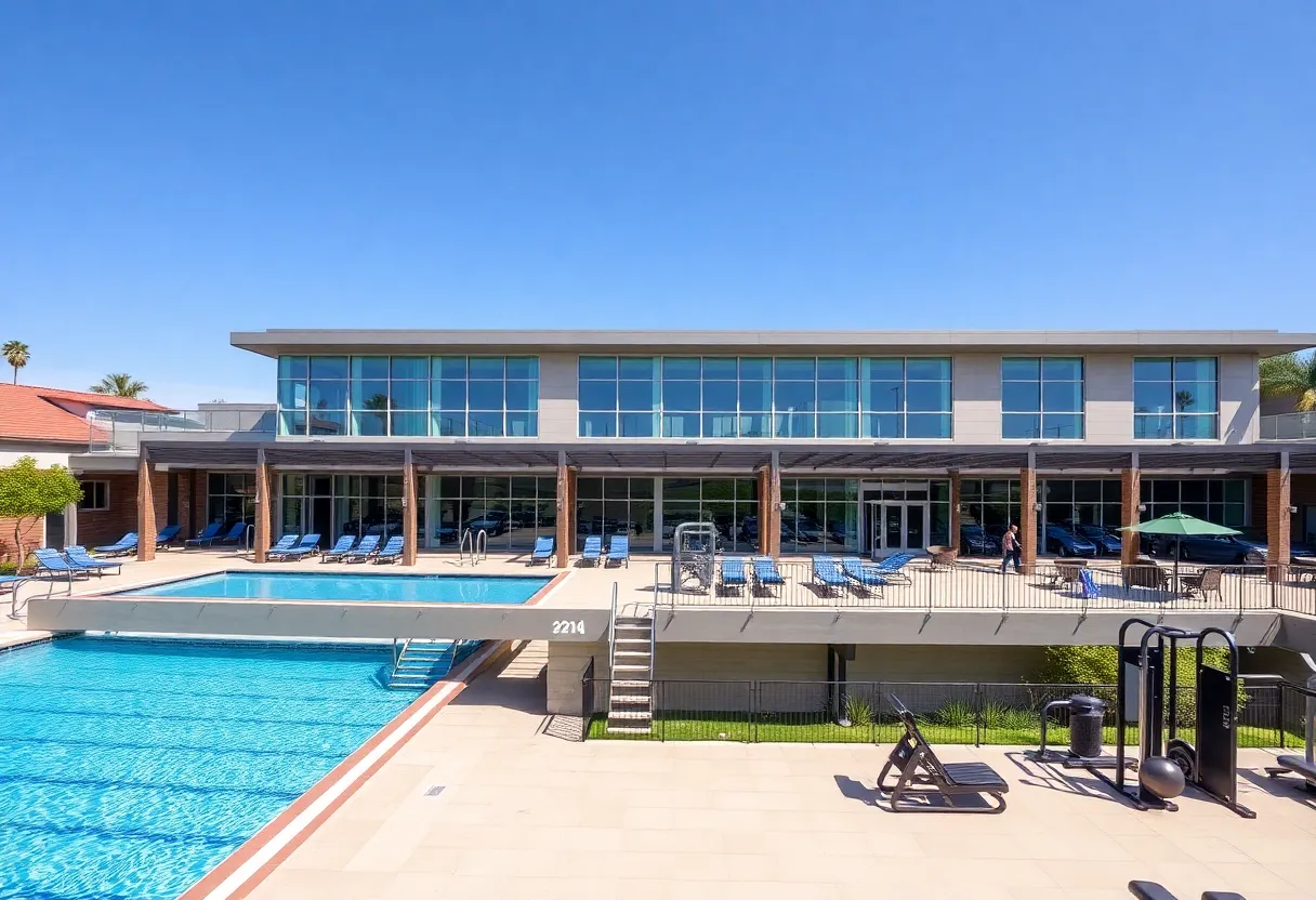 Life Time Athletic Country Club exterior view with pool area