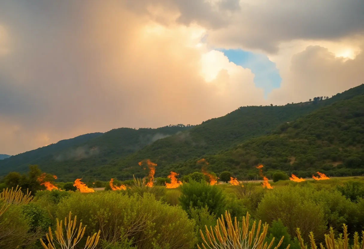 View of wildfire threatening the landscape of Los Angeles County.