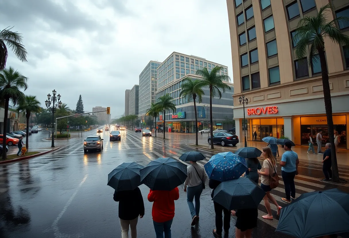 Los Angeles street during storm with rainfall and flooded conditions