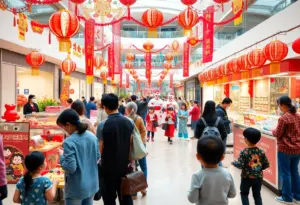 Families celebrating Lunar New Year at Mission Valley Mall with traditional crafts and performers.