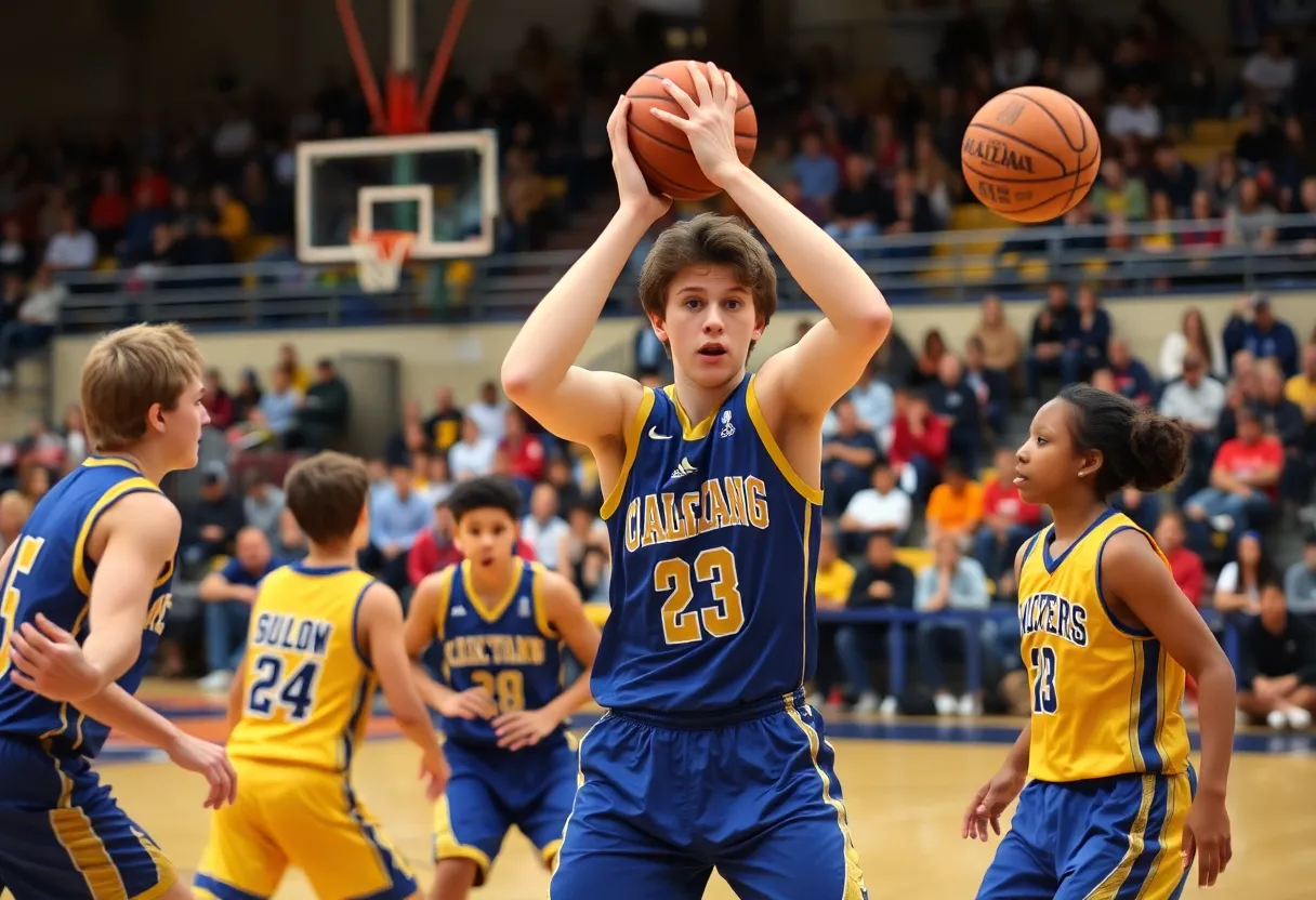 Madison High School basketball players celebrating during a game.