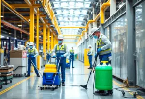 Professional cleaning team in a manufacturing plant