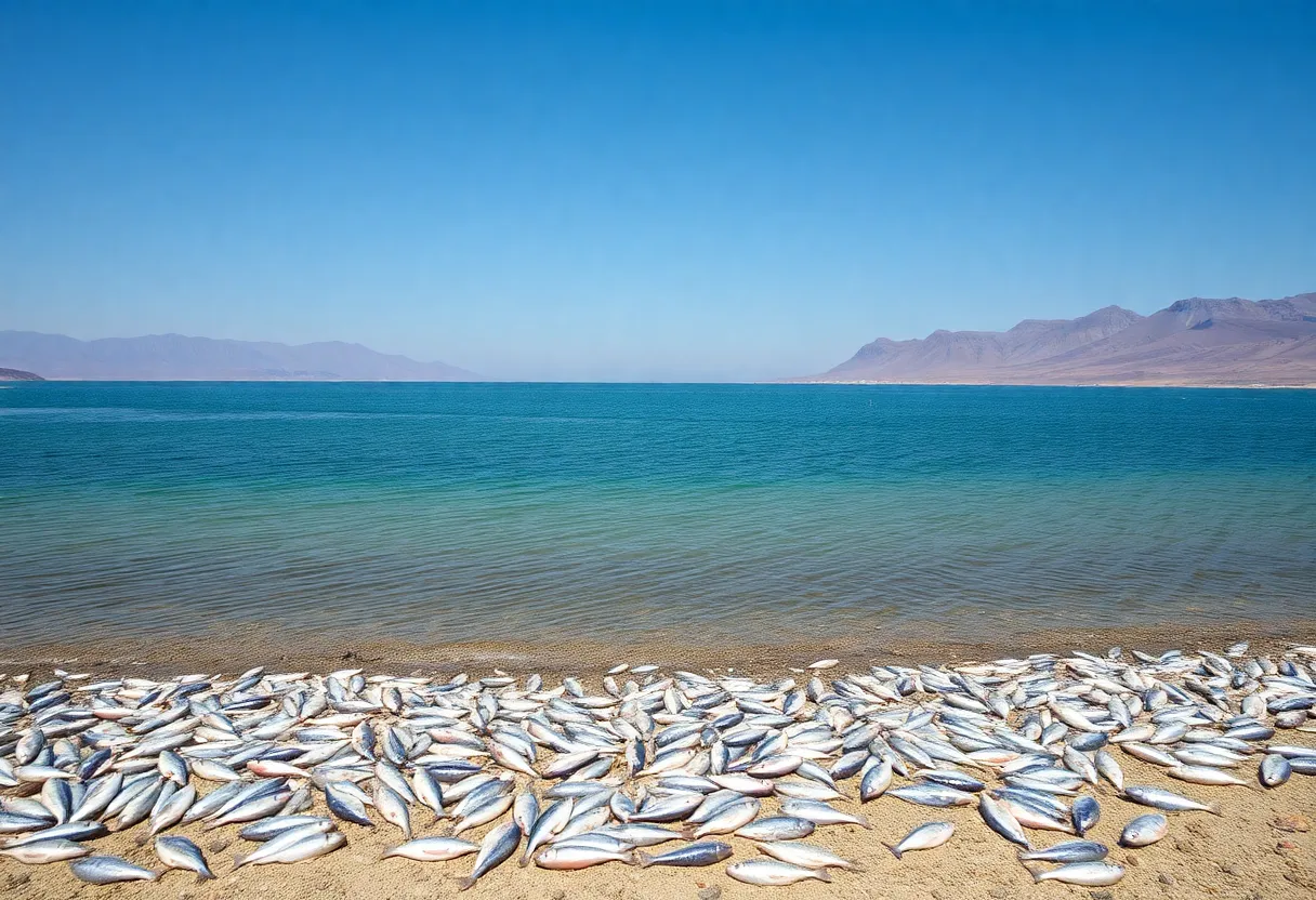 Dead fish on the shoreline of a lake in Baja California