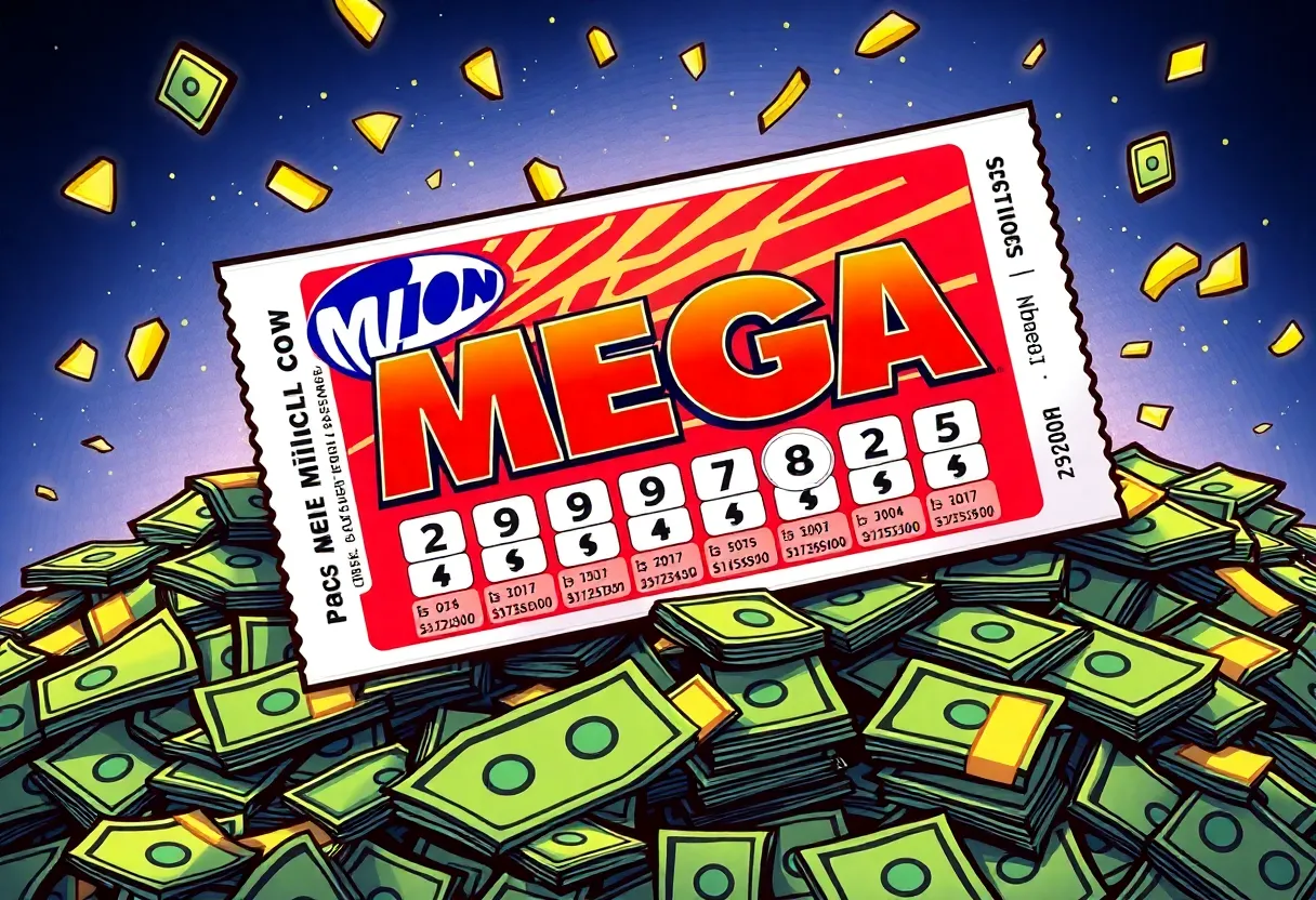 Illustration of a Mega Millions lottery ticket with cash piles