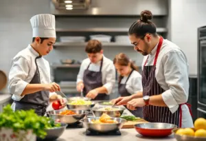 Young chefs in a kitchen being mentored by an experienced chef.