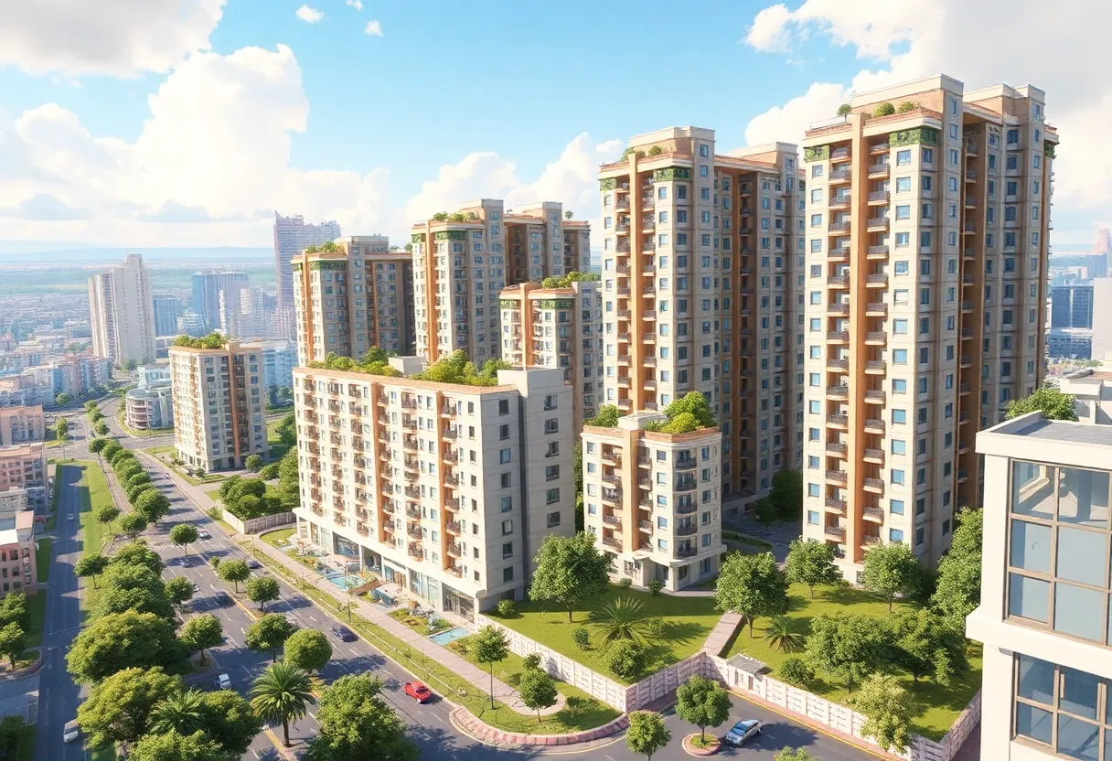 Conceptual image of the Midway Rising urban redevelopment project in San Diego showing housing, parks, and a sports arena.