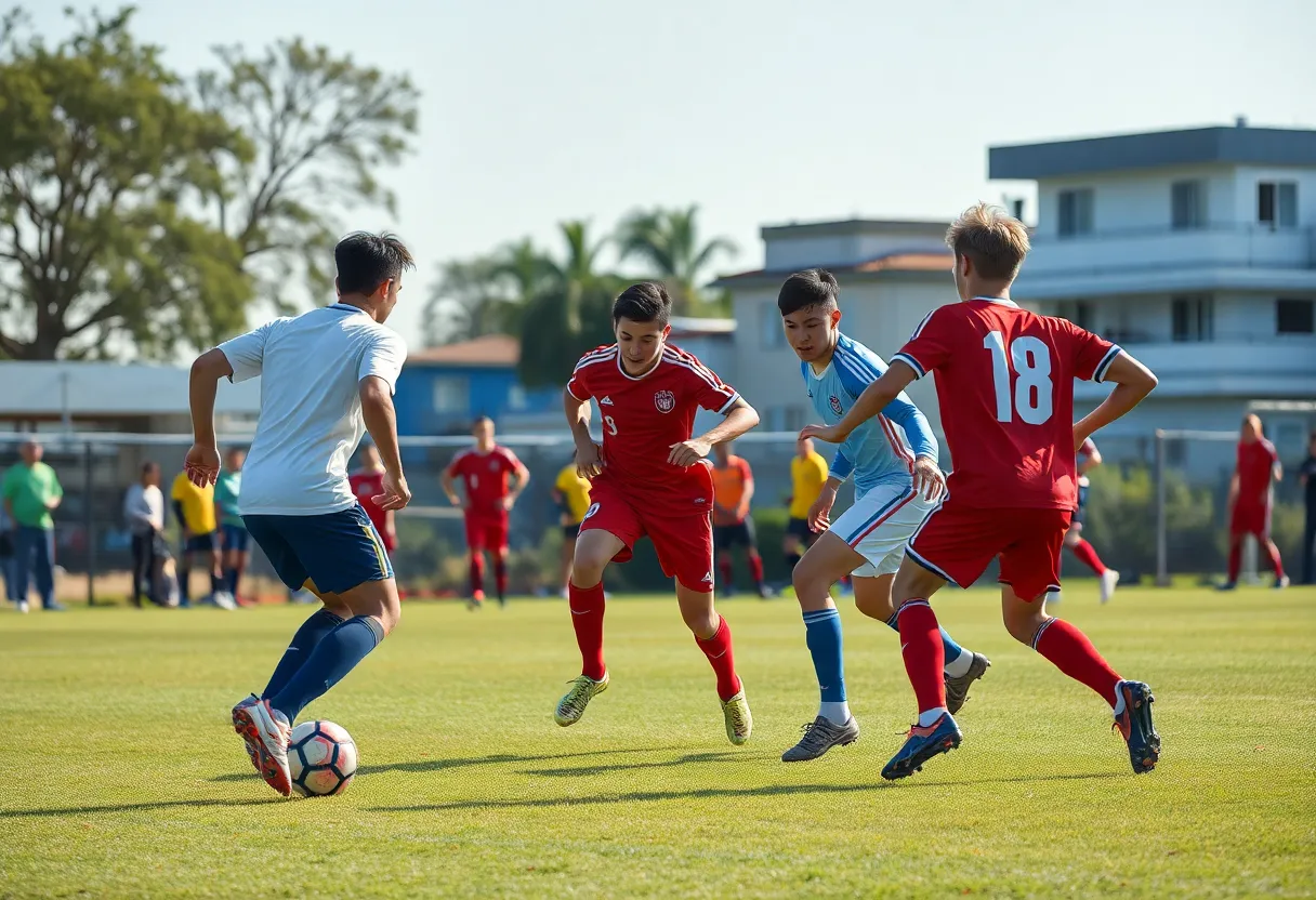 Soccer match between Mission Bay and Scripps Ranch teams on a sunny day.