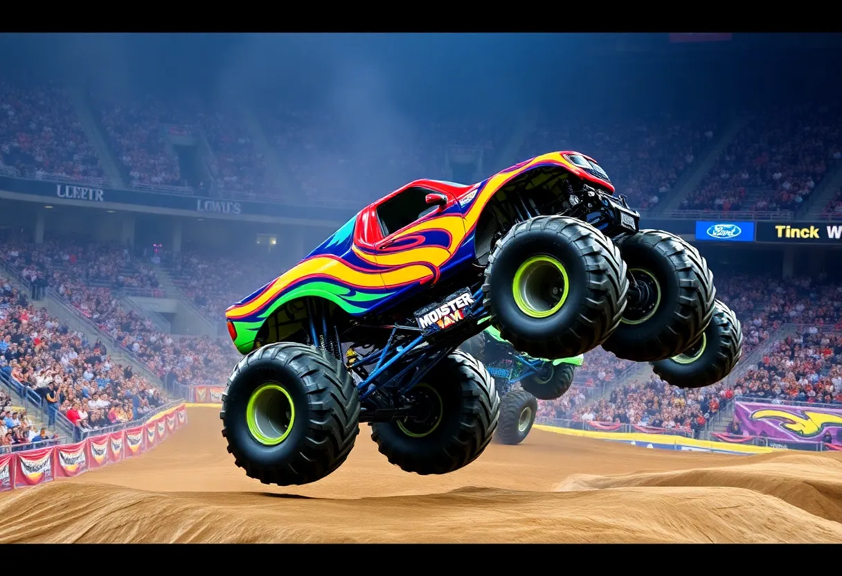 Monster trucks racing at Monster Jam event in San Diego