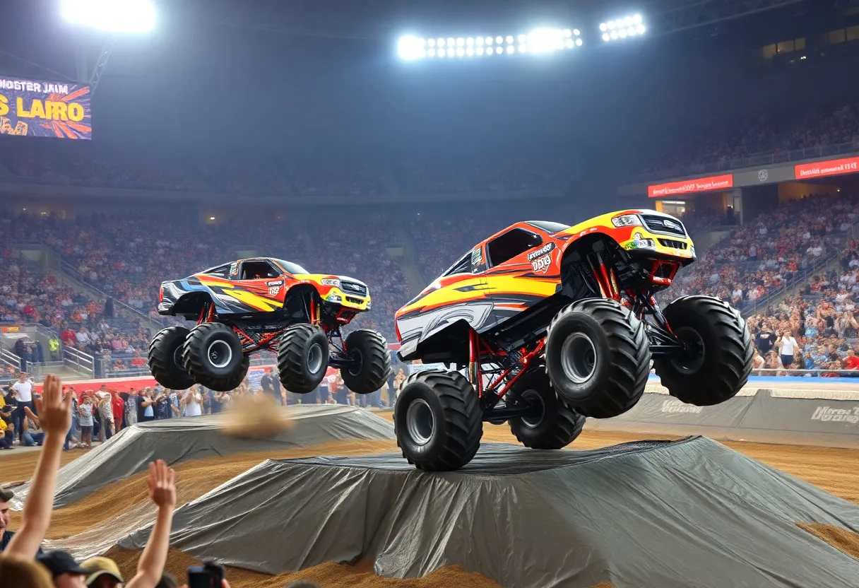 Monster Jam trucks performing at Snapdragon Stadium in San Diego