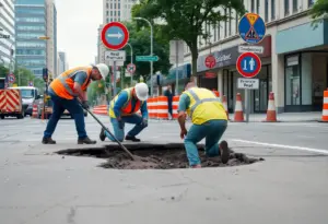 Road repair work on Morena Boulevard addressing the sinkhole issue.
