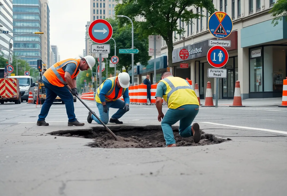 Road repair work on Morena Boulevard addressing the sinkhole issue.