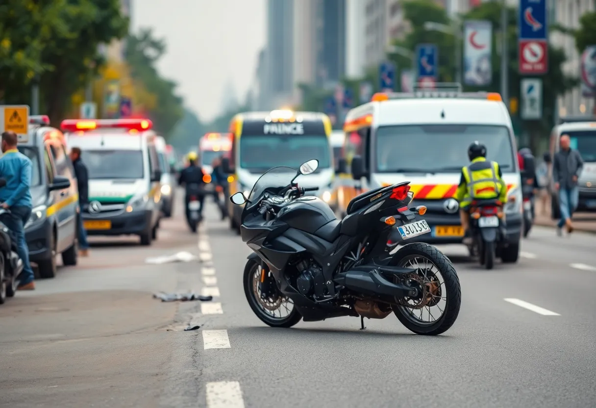 Motorcycle accident scene with emergency response