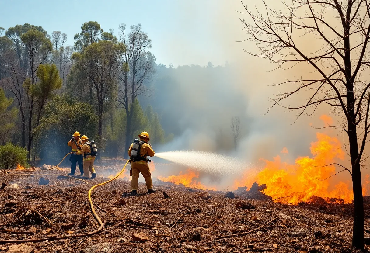 A mulch fire being contained by firefighters in Thermal, California.