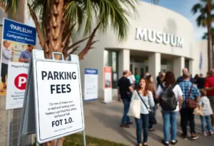 Visitors outside a San Diego museum near parking fee signs
