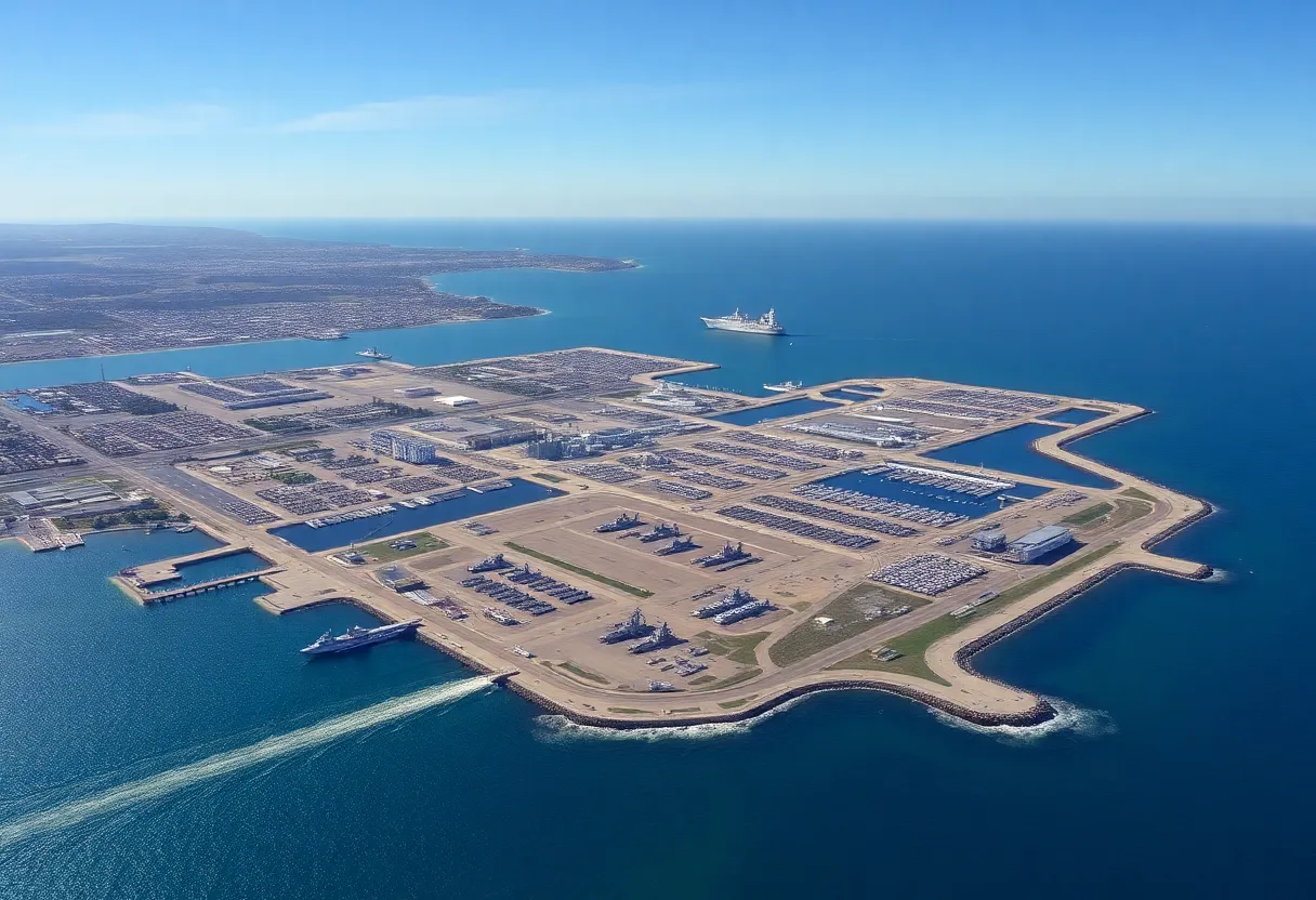 Aerial view of Naval Base San Diego with military ships and vibrant bay.