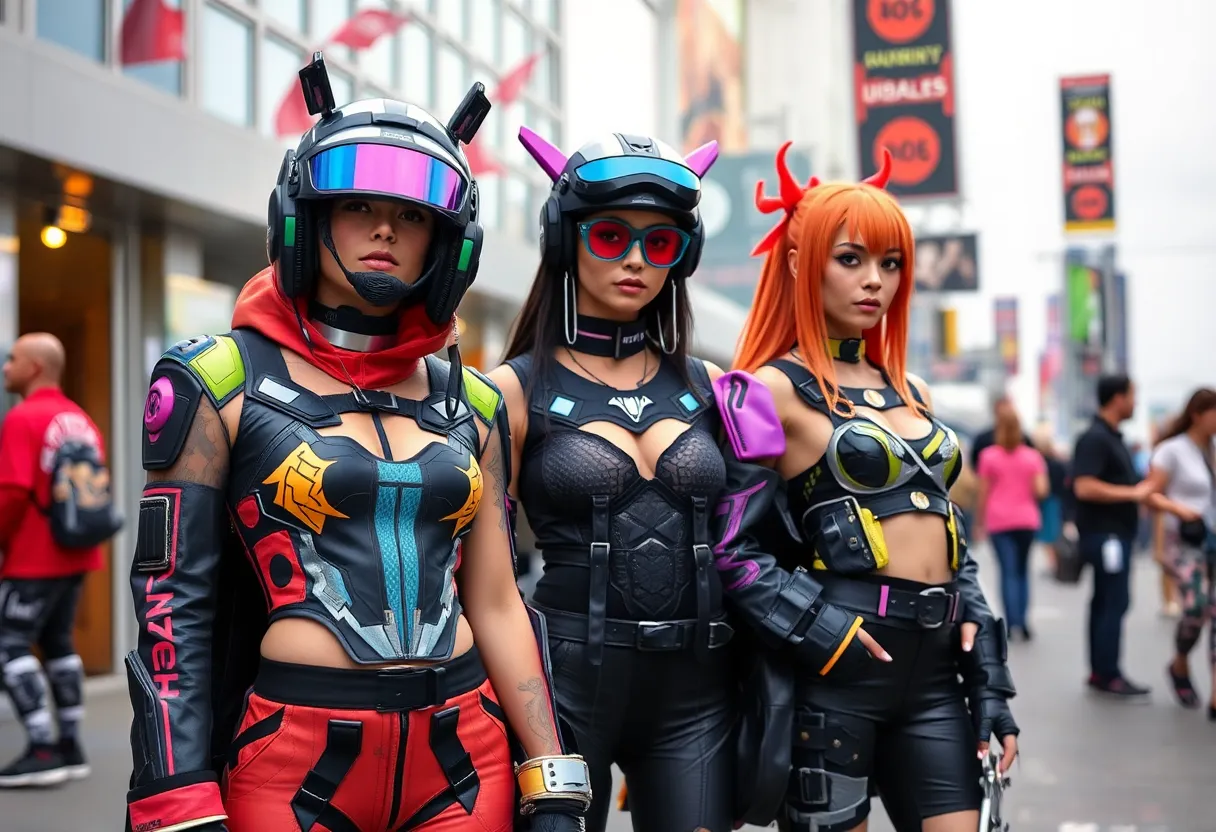 Models wearing Neo4ic's futuristic streetwear in an urban setting