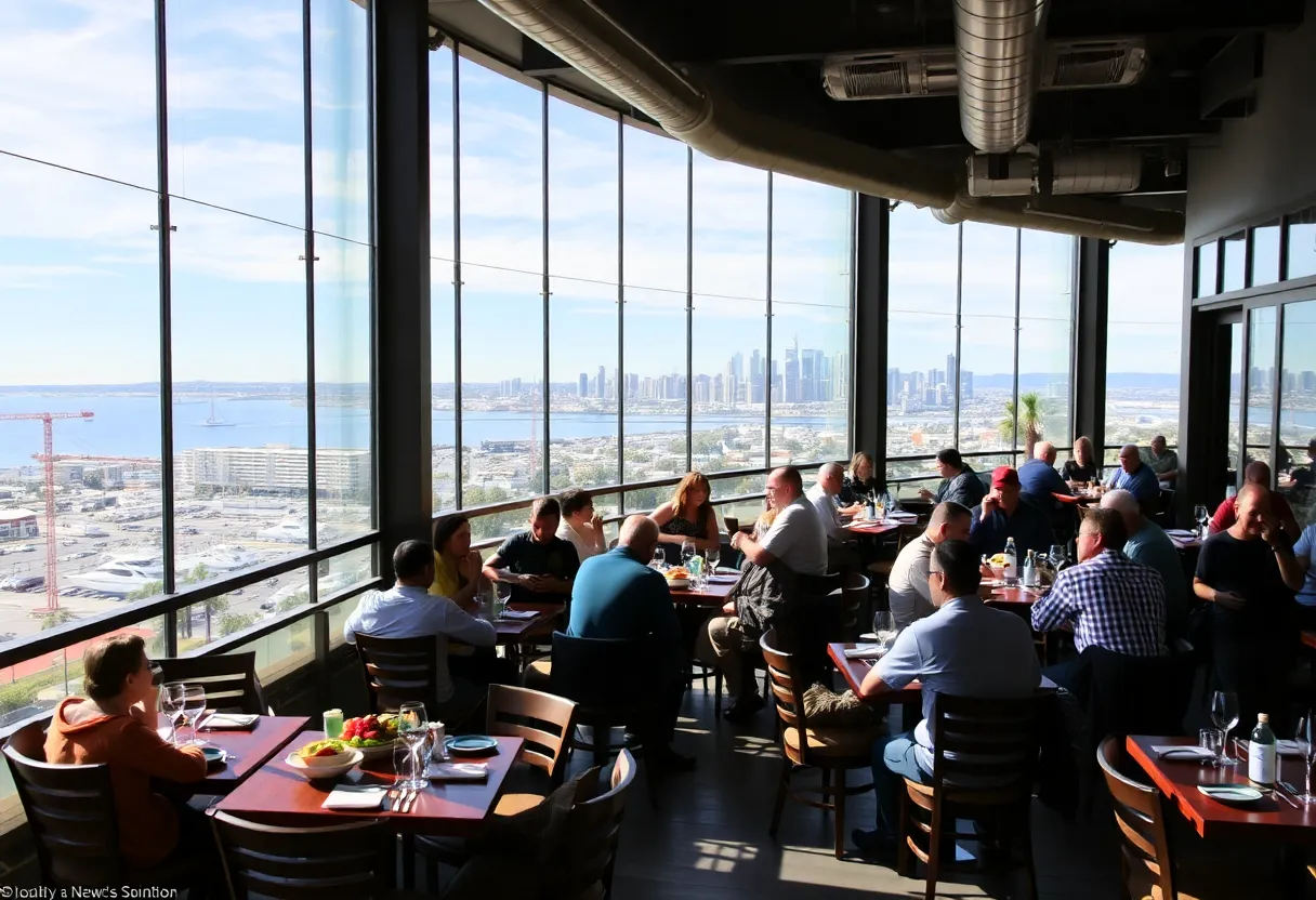 Rendering of the new restaurant at Coronado with views of San Diego skyline.