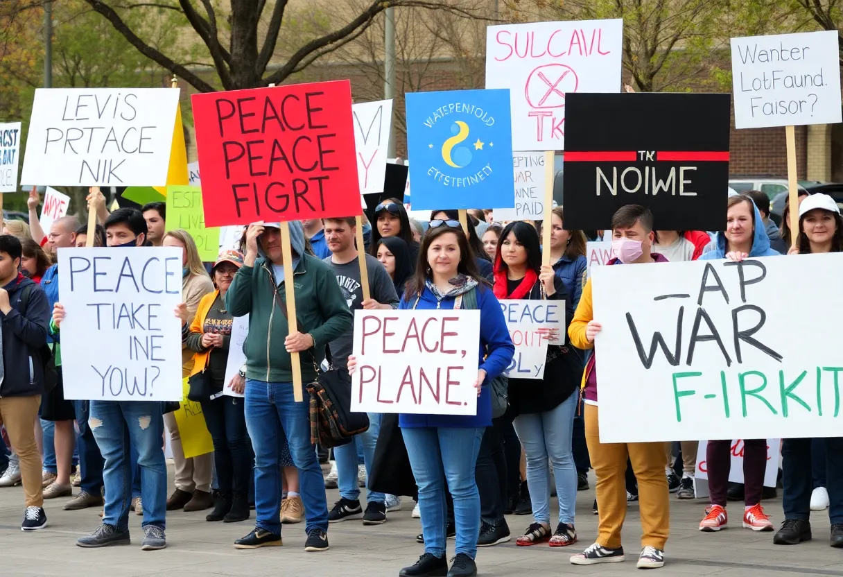 Protesters at Waterfront Park in San Diego holding signs against war in Venezuela.
