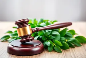 A legal gavel next to healthy green plants representing a nursery lawsuit.