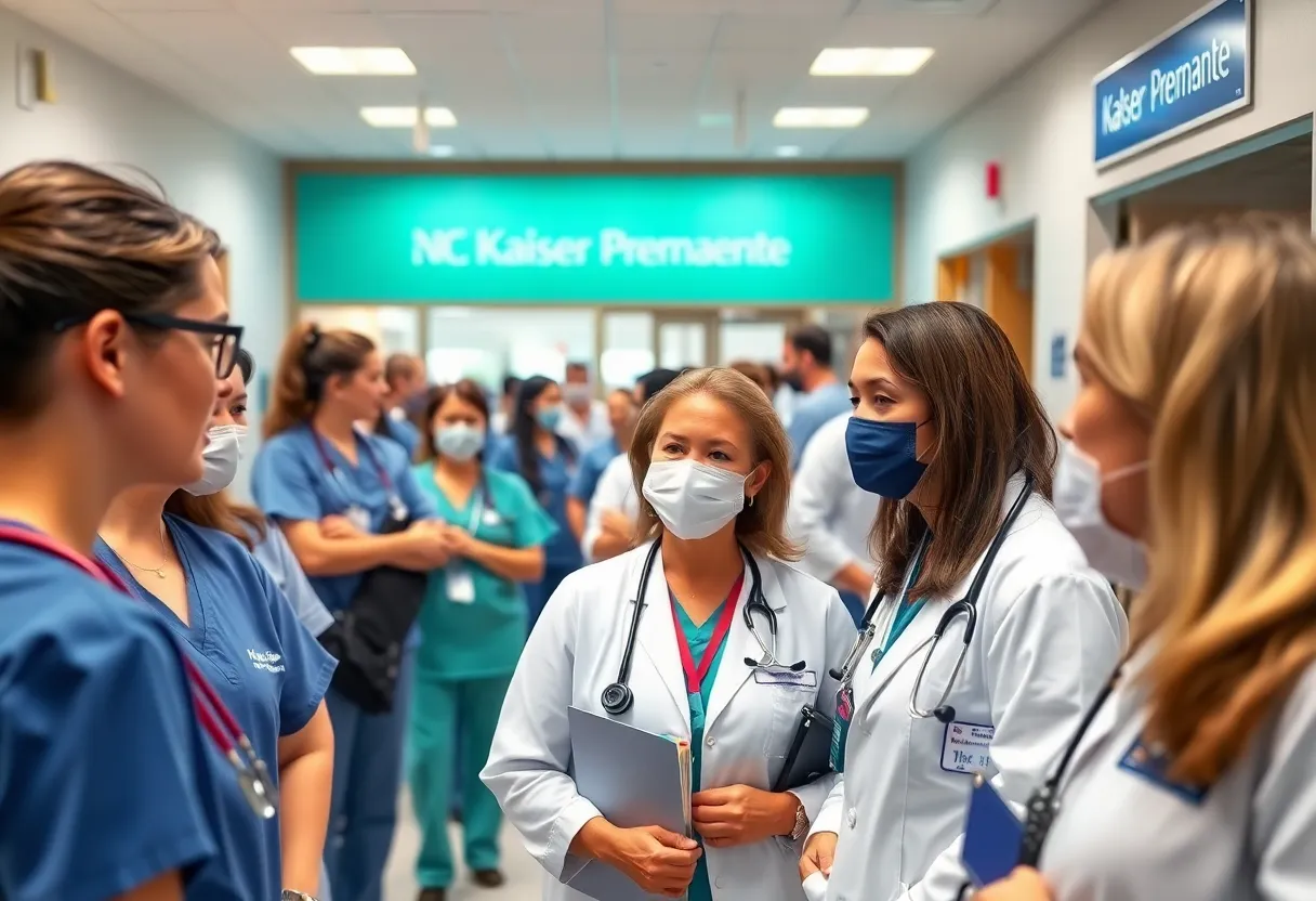 Healthcare professionals standing together in solidarity outside a Kaiser Permanente hospital.
