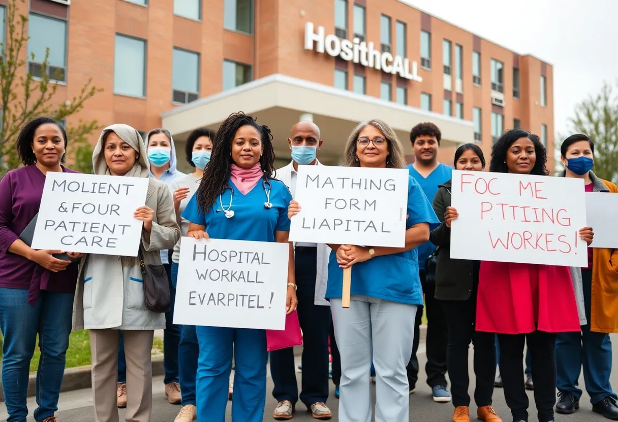 Healthcare workers protesting outside a Kaiser Permanente facility in San Diego.