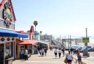 A view of Ocean Beach highlighting local businesses and community members.