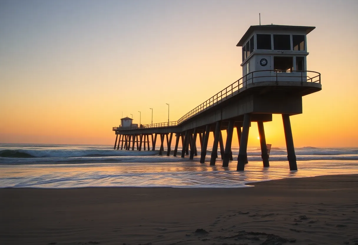 Deteriorating Ocean Beach Pier against a sunset backdrop