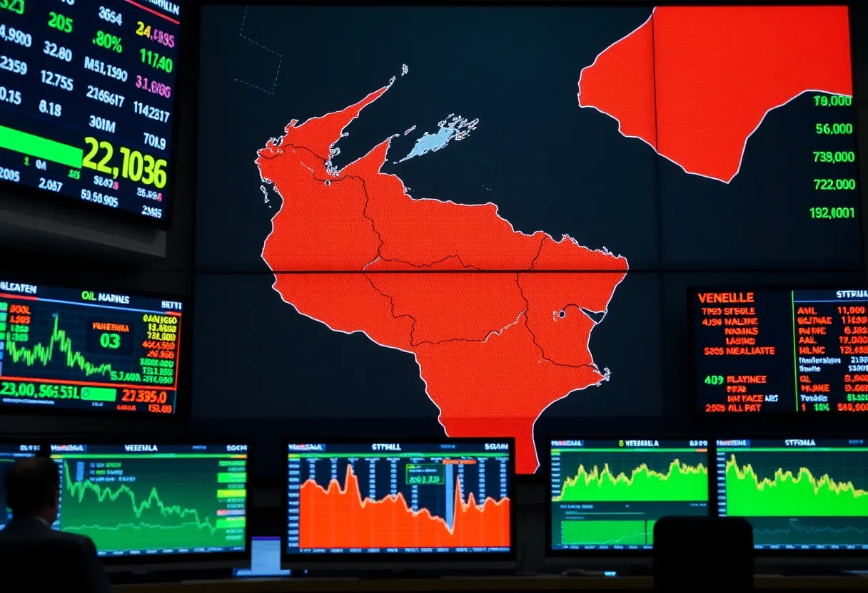 Visual representation of oil stock market surge with Venezuela map