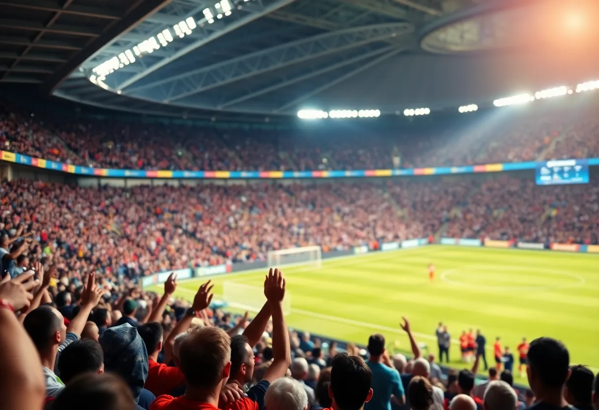 Soccer match atmosphere with fans celebrating