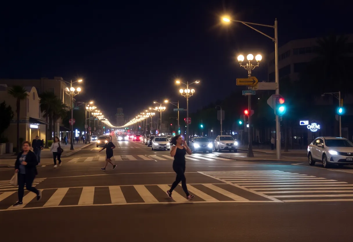 A nighttime view of a street in San Diego with marked crosswalks.