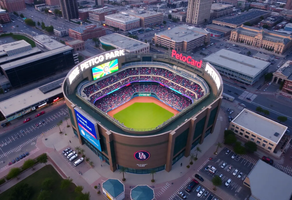 Crowd at Petco Park during a major event with visible parking and local businesses