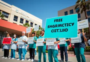 Pharmacists picketing outside a hospital