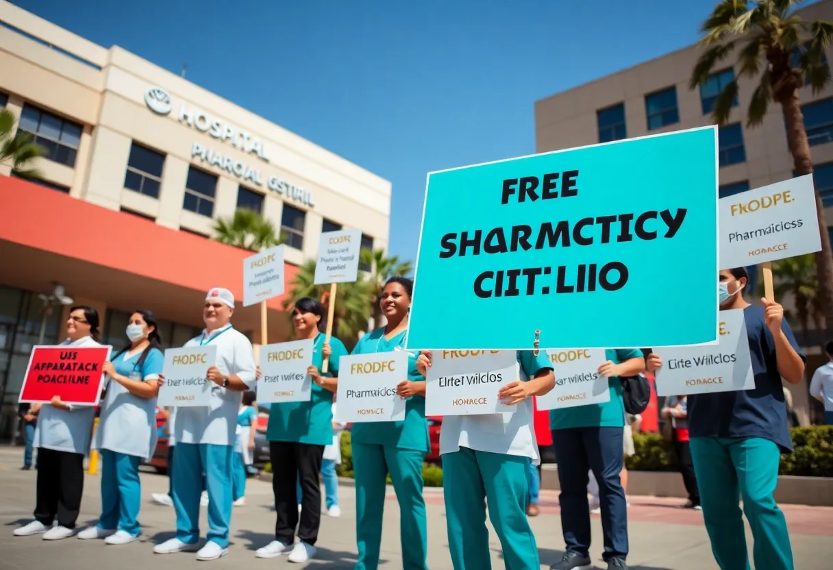 Pharmacists picketing outside a hospital