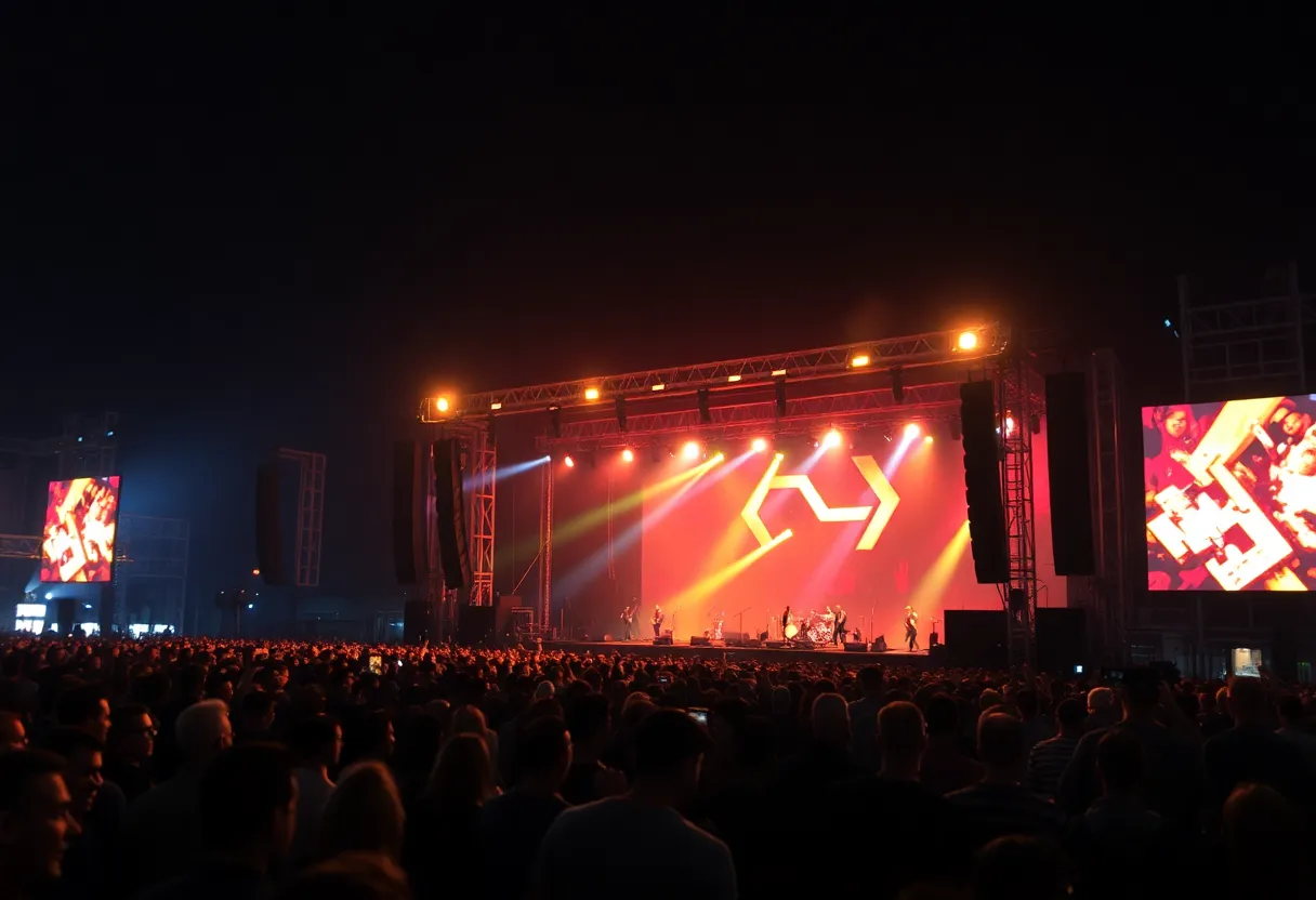 A concert crowd enjoying the performance of Pierce The Veil at Petco Park.