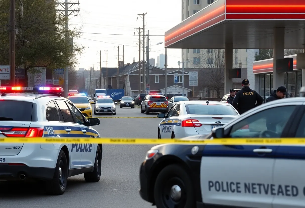 Police officers conducting an investigation near a gas station