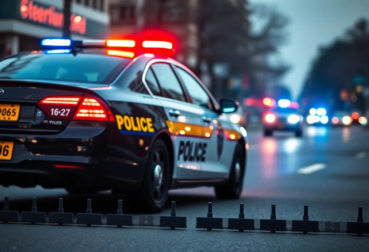 Police car during pursuit with spike strip deployed on the street