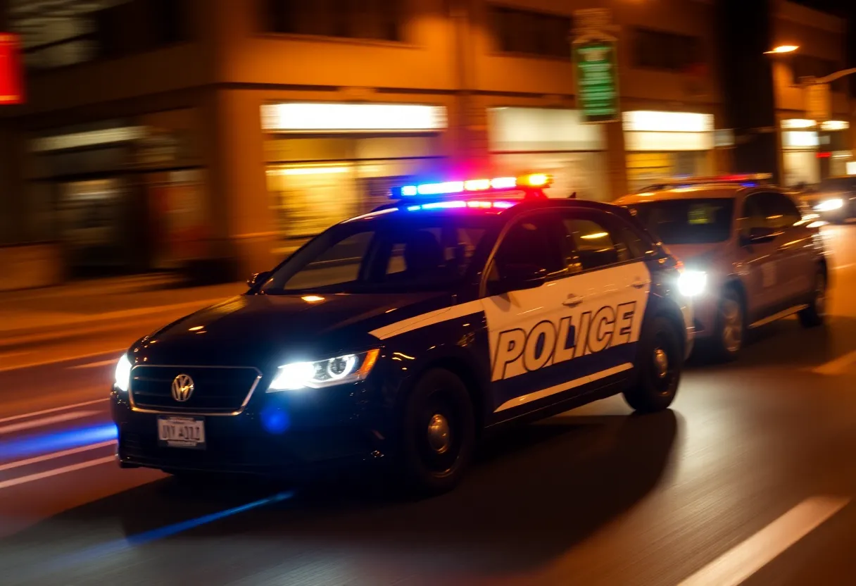 Police car in pursuit of robbery suspects at night