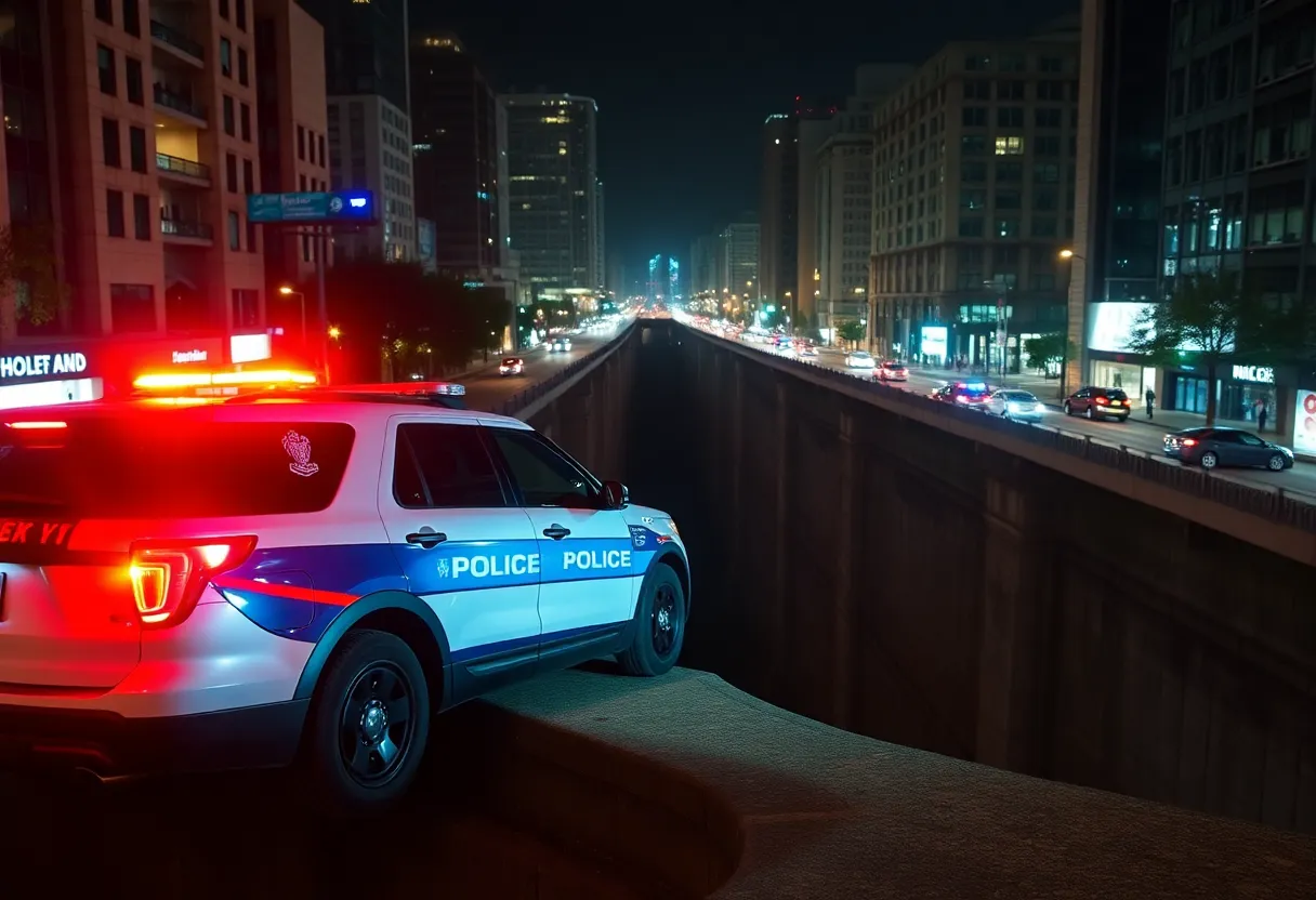 Police vehicle at the edge of a ravine after a chase in San Diego suburb.