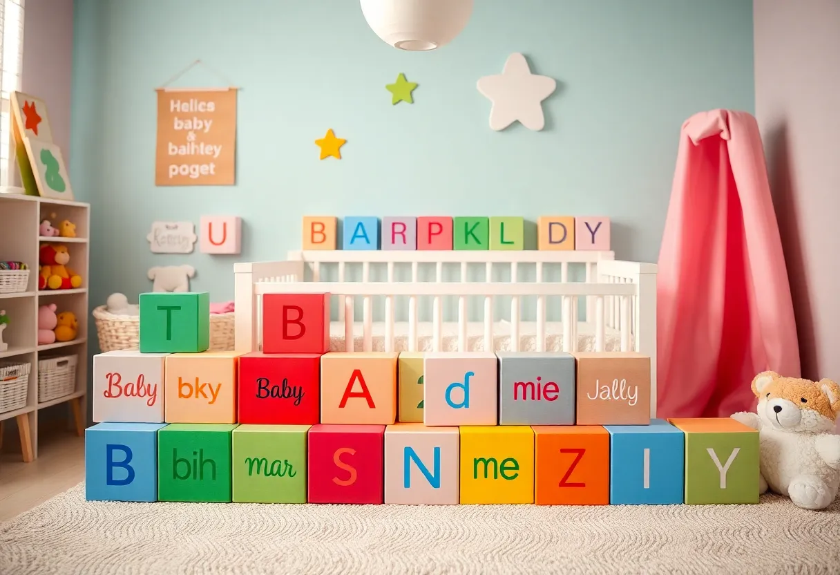 Nursery with blocks displaying popular baby names.