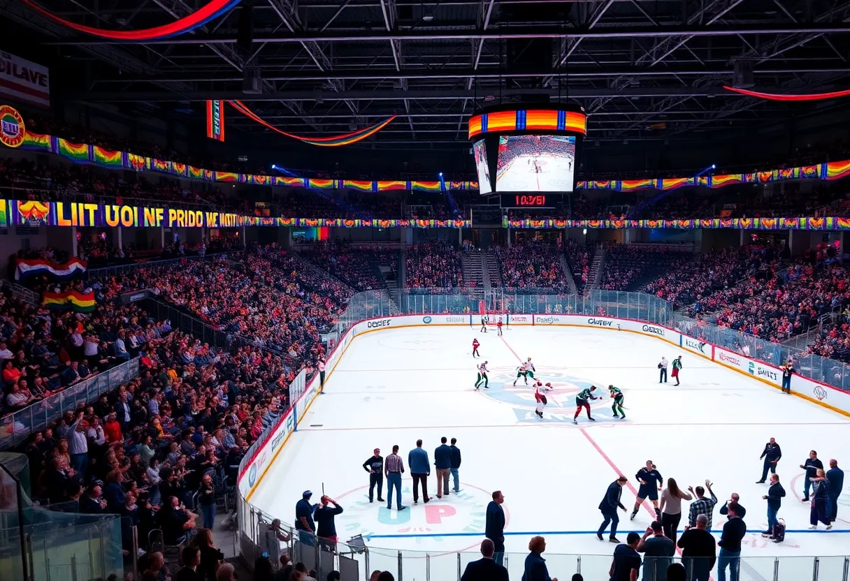 Hockey rink with rainbow decorations for Pride Night celebration