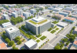 Artist's rendering of the proposed new City Hall with mixed-use developments.