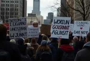 Protestors holding signs calling for accountability in leadership
