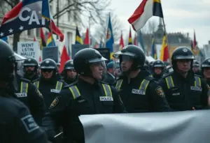 Protest scene showing law enforcement officers and protest signs.