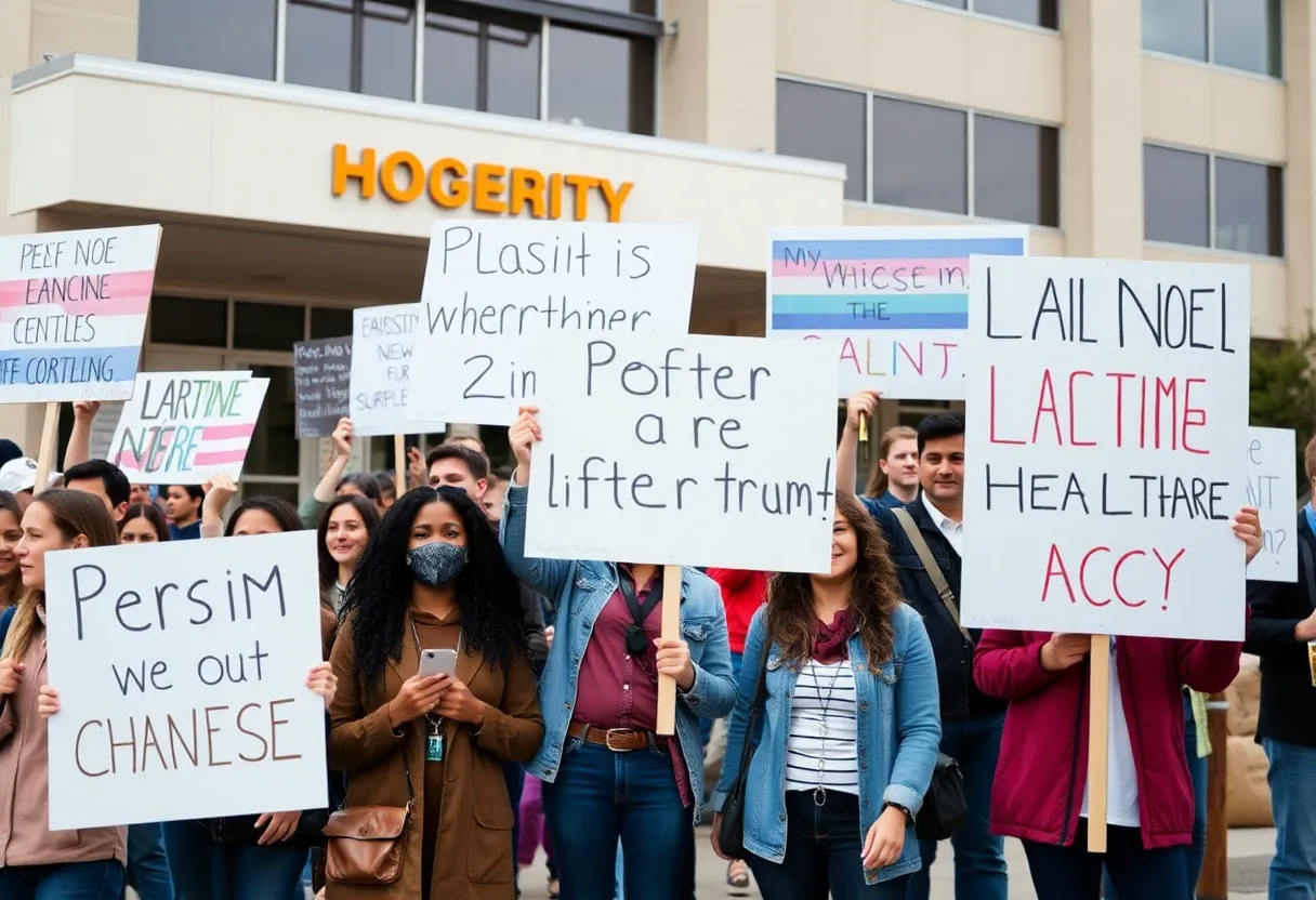 Demonstrators holding signs outside Rady Children's Hospital.